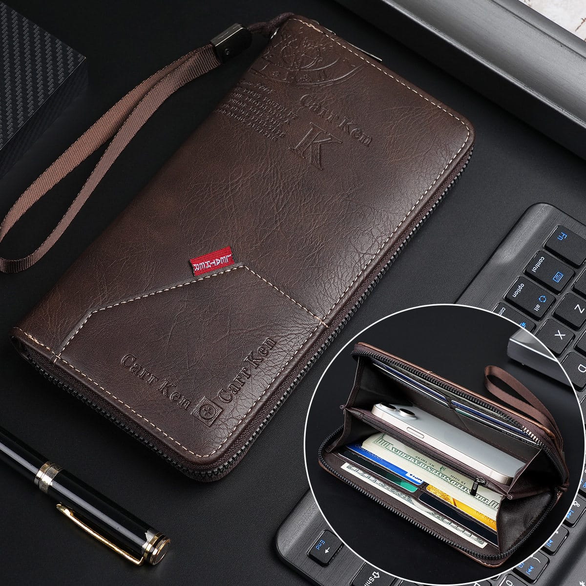 2024 men's retro letter embossed long wallet multi-function stitching mobile phone wallet large capacity wrist bag