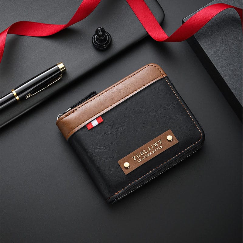 Men's Short Wallet with Leather and Hardware Decoration, Horizontal Style, Multiple Card Slots, Large Capacity