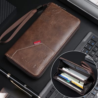2024 men's retro letter embossed long wallet multi-function stitching mobile phone wallet large capacity wrist bag_img_1